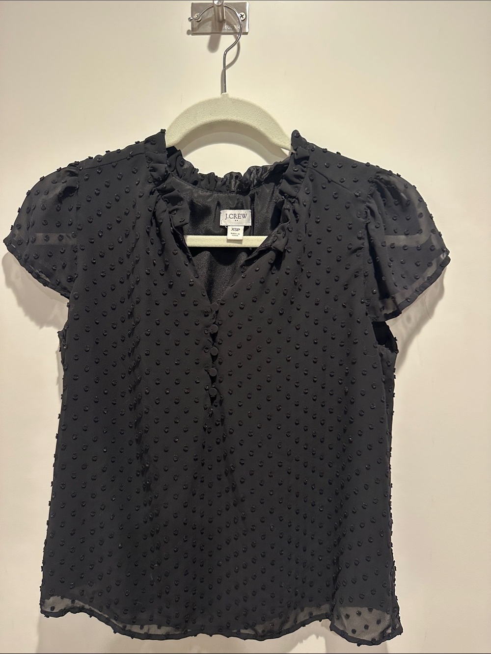 J. Crew Black Swiss Dot Ruffle Collar Cap Sleeve Blouse
